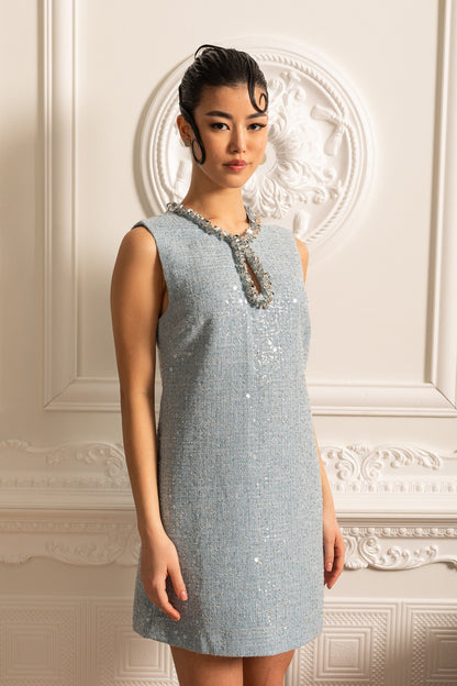 Vestido Mini Texturizado Sem Mangas com Detalhes de Colarinho Brilhante - Azul