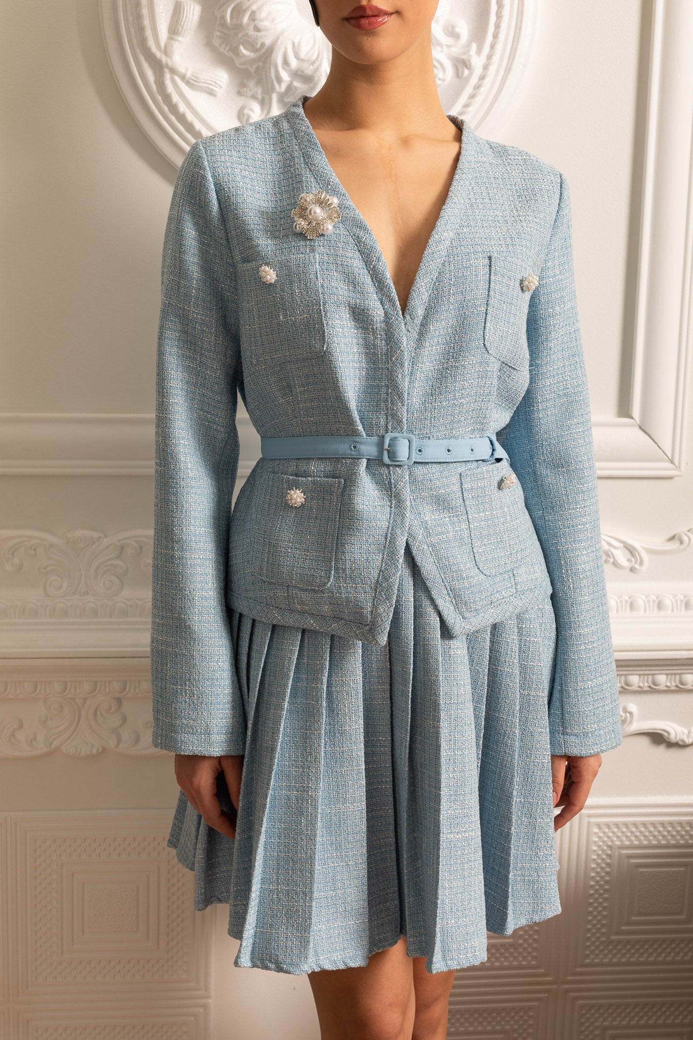 Conjunto Texturizado Com Top De Mangas Compridas E Saia Mini Plissada A Condizer - Azul