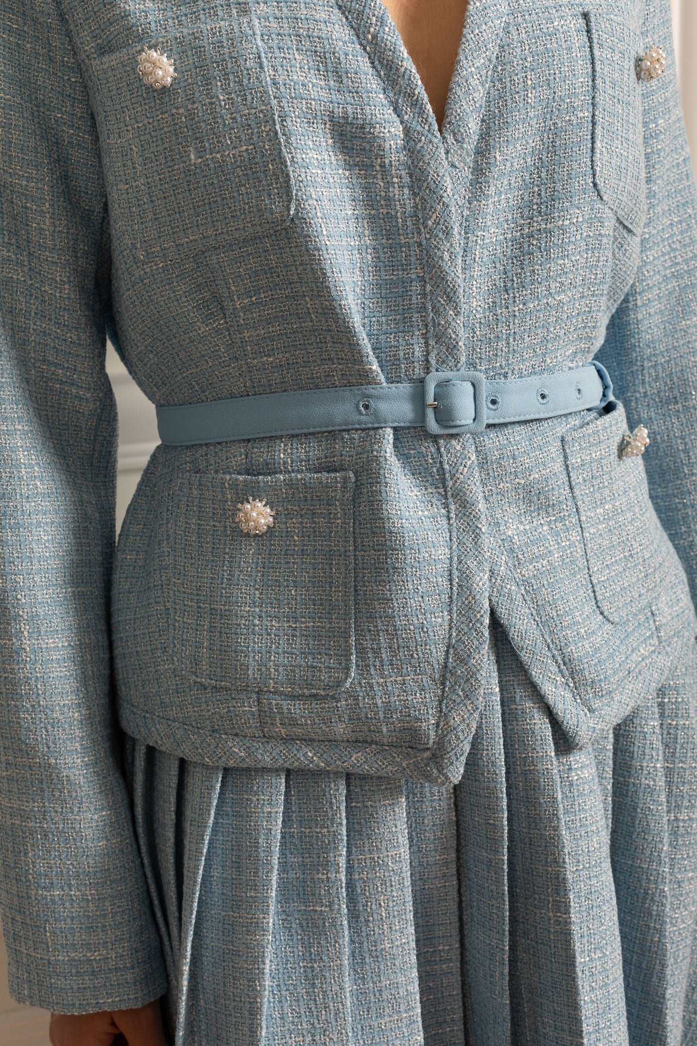 Conjunto Texturizado Com Top De Mangas Compridas E Saia Mini Plissada A Condizer - Azul