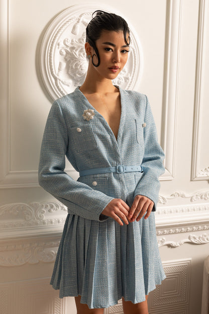 Conjunto Texturizado Com Top De Mangas Compridas E Saia Mini Plissada A Condizer - Azul