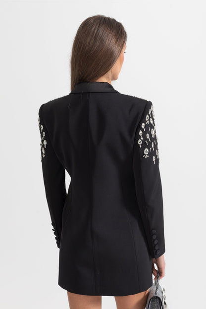 Blazer Elegante Com Ombros Decorados com Diamantes - Preto