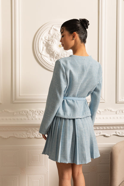 Conjunto Texturizado Com Top De Mangas Compridas E Saia Mini Plissada A Condizer - Azul