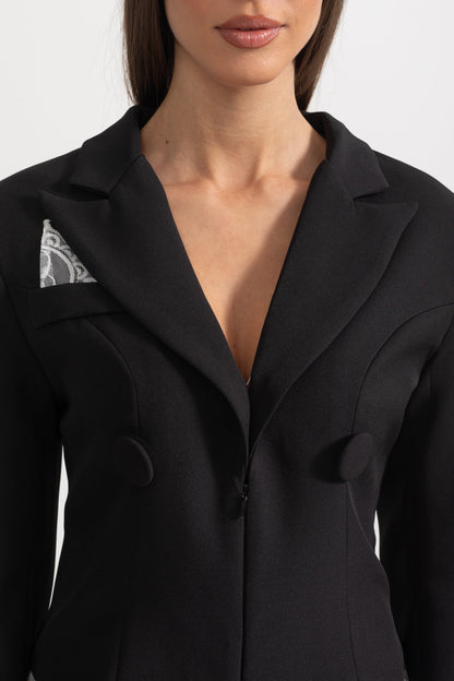Body de Blazer Elegante com Renda Branca - Preto