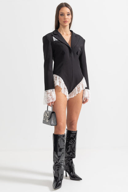 Body de Blazer Elegante com Renda Branca - Preto