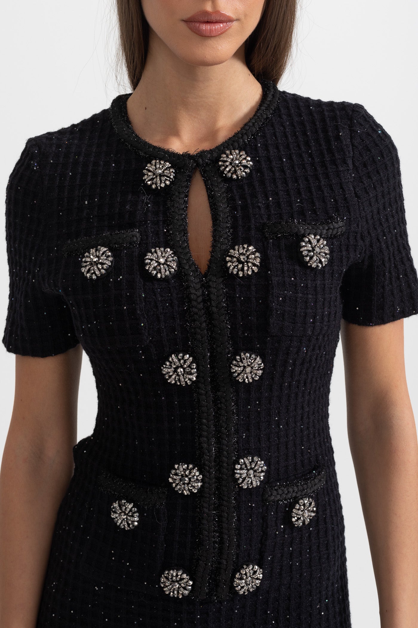 Vestido Tricotado Preto de Manga Curta até ao Joelho