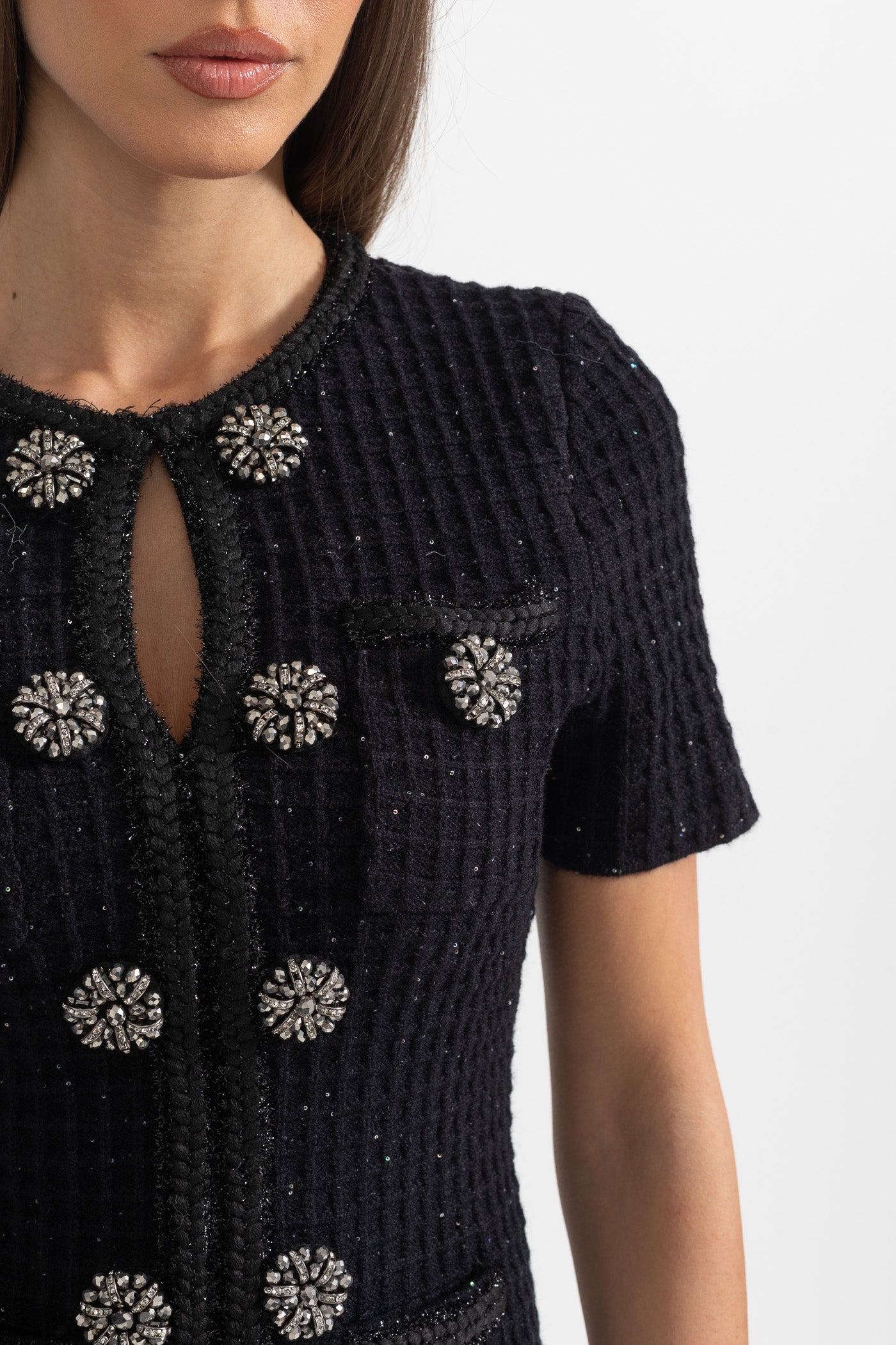 Vestido Tricotado Preto de Manga Curta até ao Joelho