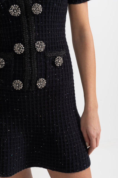 Vestido Tricotado Preto de Manga Curta até ao Joelho