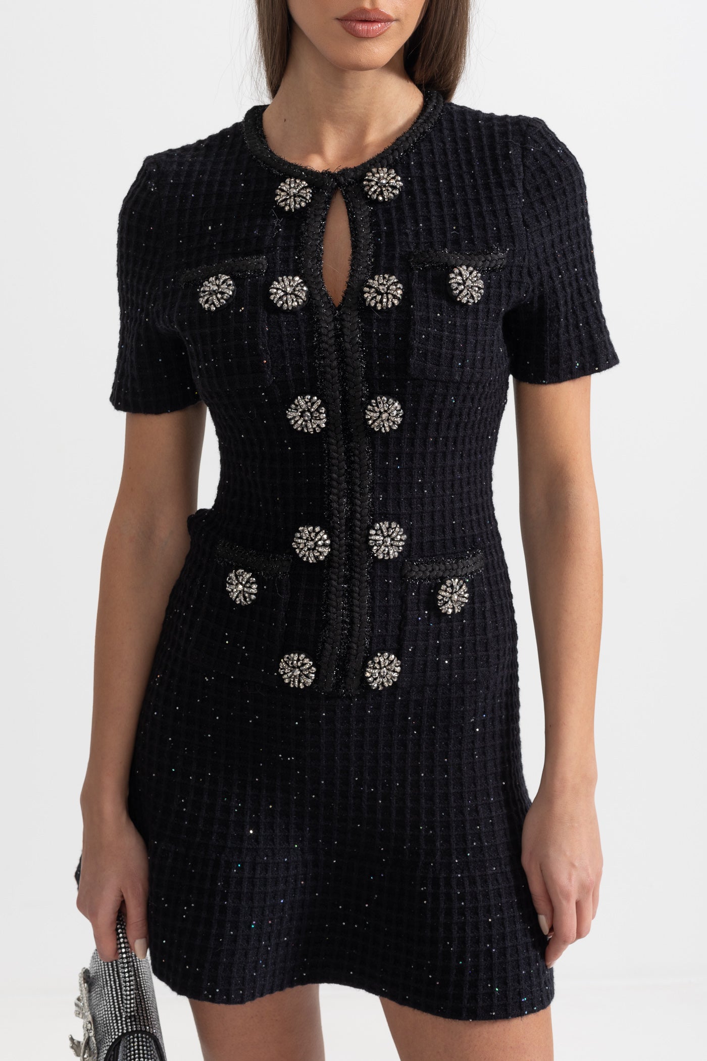 Vestido Tricotado Preto de Manga Curta até ao Joelho