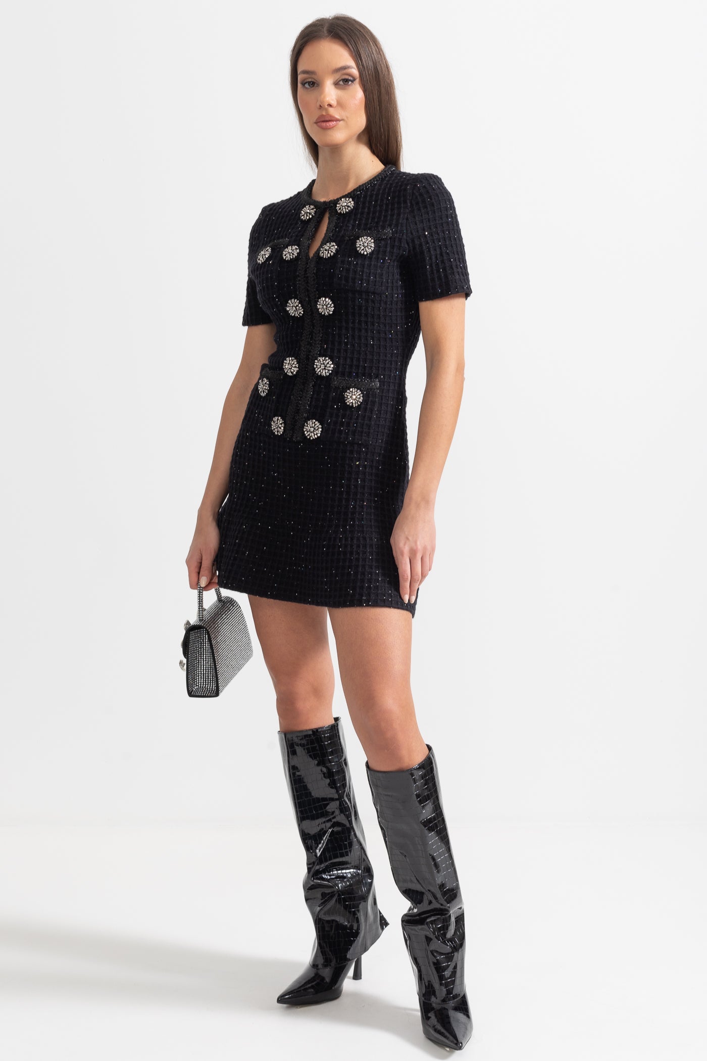 Vestido Tricotado Preto de Manga Curta até ao Joelho