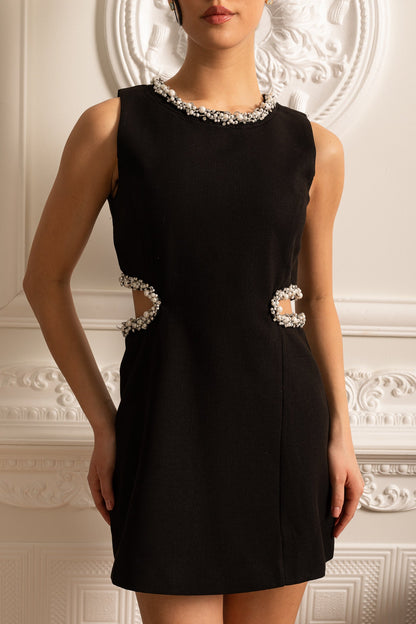 Vestido Mini Elegante Com Recortes Laterais E Detalhes Em Pérolas - Preto