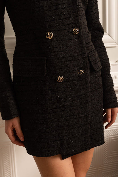Vestido Texturizado de Dupla Abotoadura com Botões Dourados Decorativos - Preto