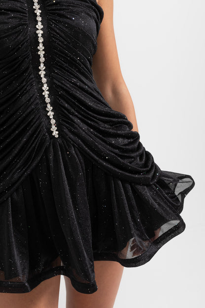 Vestido Halter Sem Mangas com Acentos de Pérola - Preto