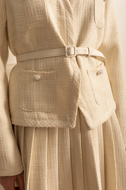 Conjunto Texturizado Com Top De Mangas Compridas E Saia Mini Plissada A Condizer - Ivoire