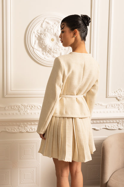 Conjunto Texturizado Com Top De Mangas Compridas E Saia Mini Plissada A Condizer - Ivoire