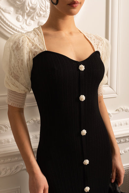 Vestido até o Tornozelo com Mangas de Renda Transparente em Contraste - Preto
