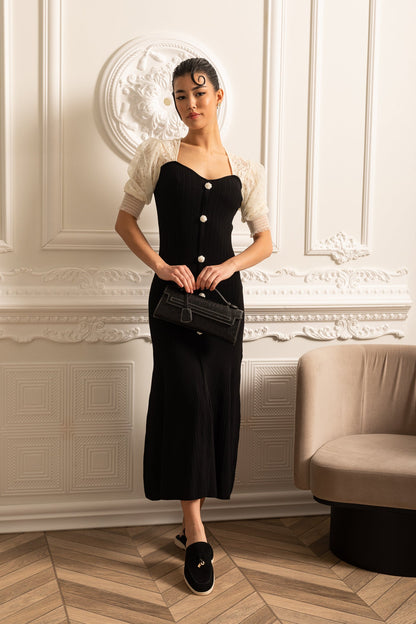 Vestido até o Tornozelo com Mangas de Renda Transparente em Contraste - Preto