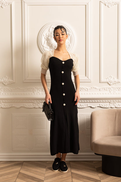 Vestido até o Tornozelo com Mangas de Renda Transparente em Contraste - Preto