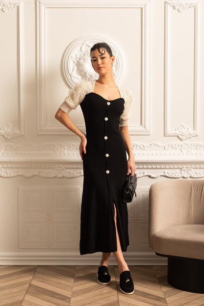 Vestido até o Tornozelo com Mangas de Renda Transparente em Contraste - Preto