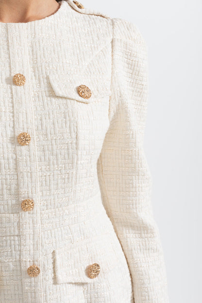 Vestido Mini Texturizado Com Botões Dourados E Bolsos Frontais - Ivoire