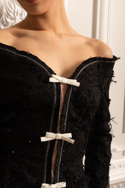 Co-ord Texturizado Off-Shoulder com Acentos de Laço Branco - Preto