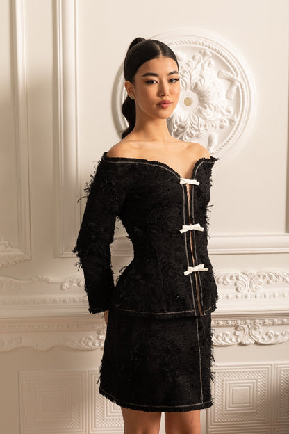 Co-ord Texturizado Off-Shoulder com Acentos de Laço Branco - Preto