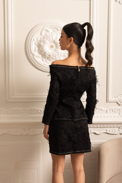 Conjunto Texturizado Off-Shoulder com Acentos de Laço Branco - Preto