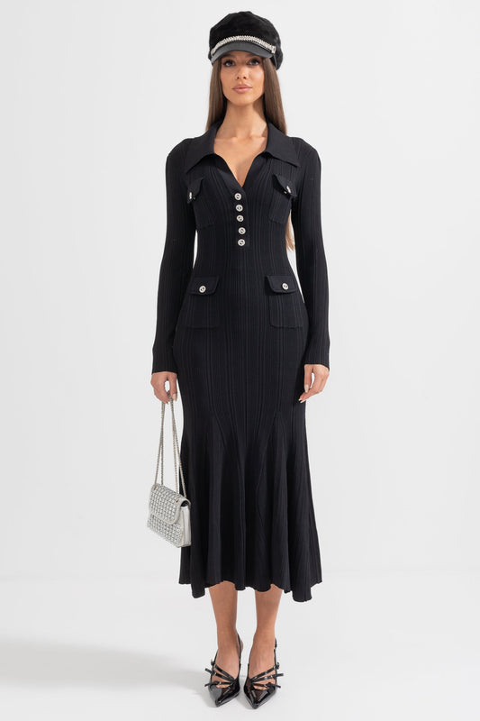 Vestido Elegante Canellado com Mangas Longas - Preto
