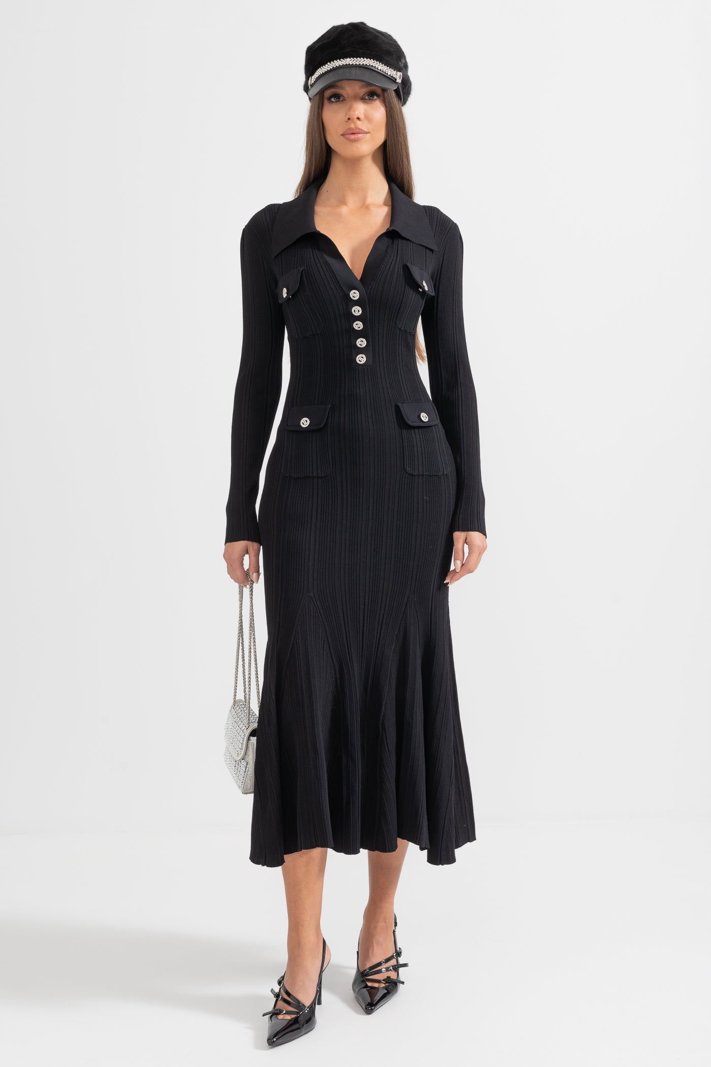 Vestido Elegante Canellado Com Mangas Longas - Preto