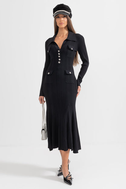 Vestido Elegante Canellado Com Mangas Longas - Preto