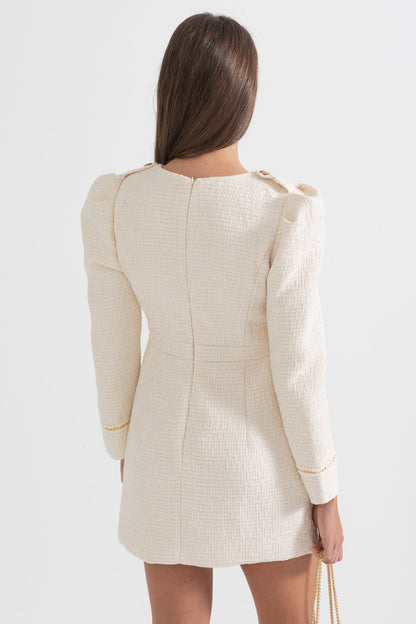 Vestido Mini Texturizado Com Botões Dourados E Bolsos Frontais - Ivoire
