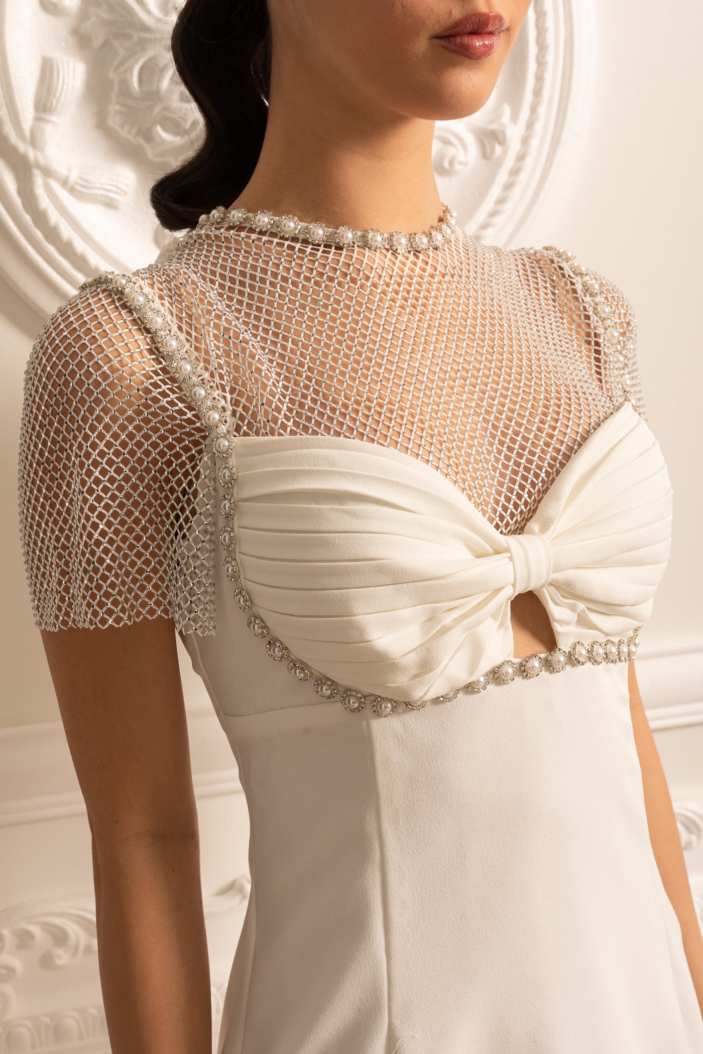 Vestido Mini Elegante Com Top De Rede E Aplicações De Pérolas - Branco
