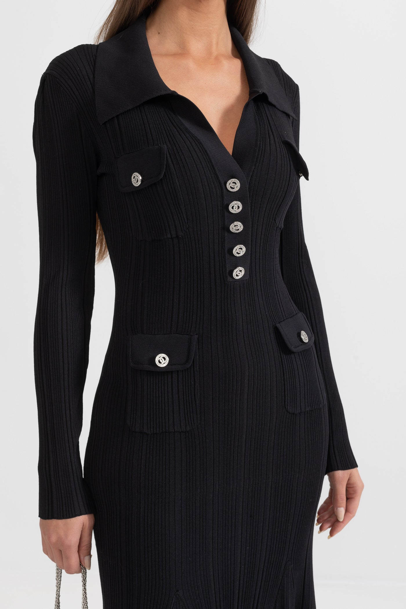 Vestido Elegante Canellado Com Mangas Longas - Preto