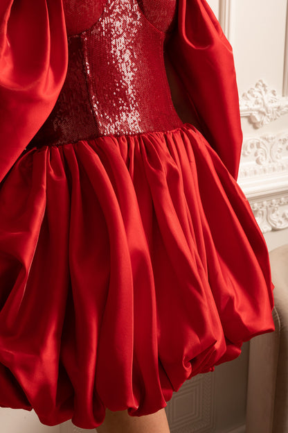 Vestido Off-Shoulder Com Saia Volumosa E Mangas Fluidas - Vermelho