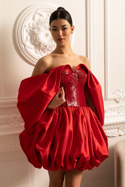 Vestido Off-Shoulder Com Saia Volumosa E Mangas Fluidas - Vermelho