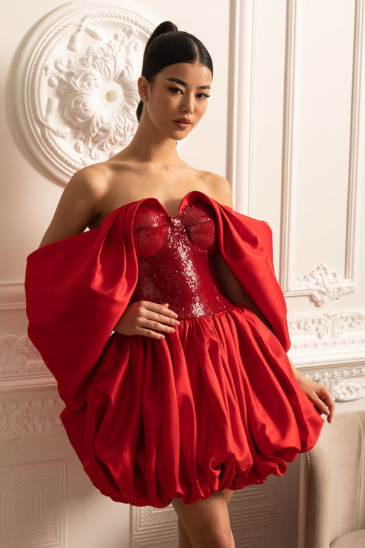 Vestido Off-Shoulder Com Saia Volumosa E Mangas Fluidas - Vermelho