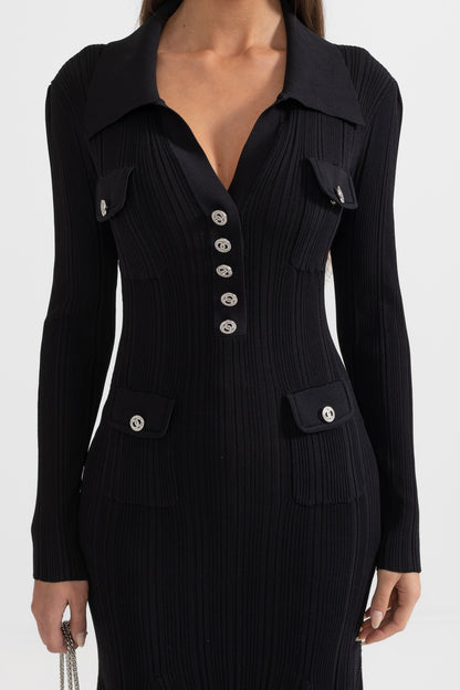 Vestido Elegante Canellado Com Mangas Longas - Preto
