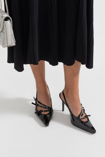 Sapatos de Salto Slingback Brilhantes - Preto