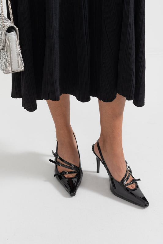 Sapatos de Salto Slingback Brilhantes - Preto