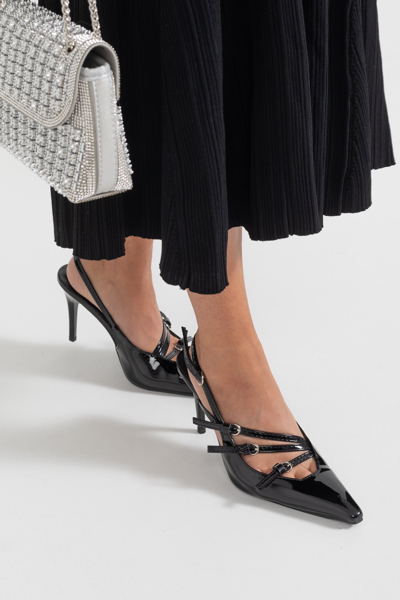 Sapatos de Salto Slingback Brilhantes - Preto