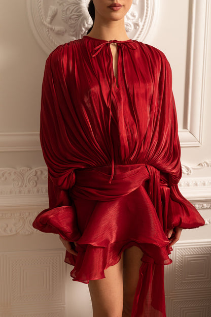 Vestido Drapado de Manga Longa com Saia Mini e Cintura Fruncida - Vermelho