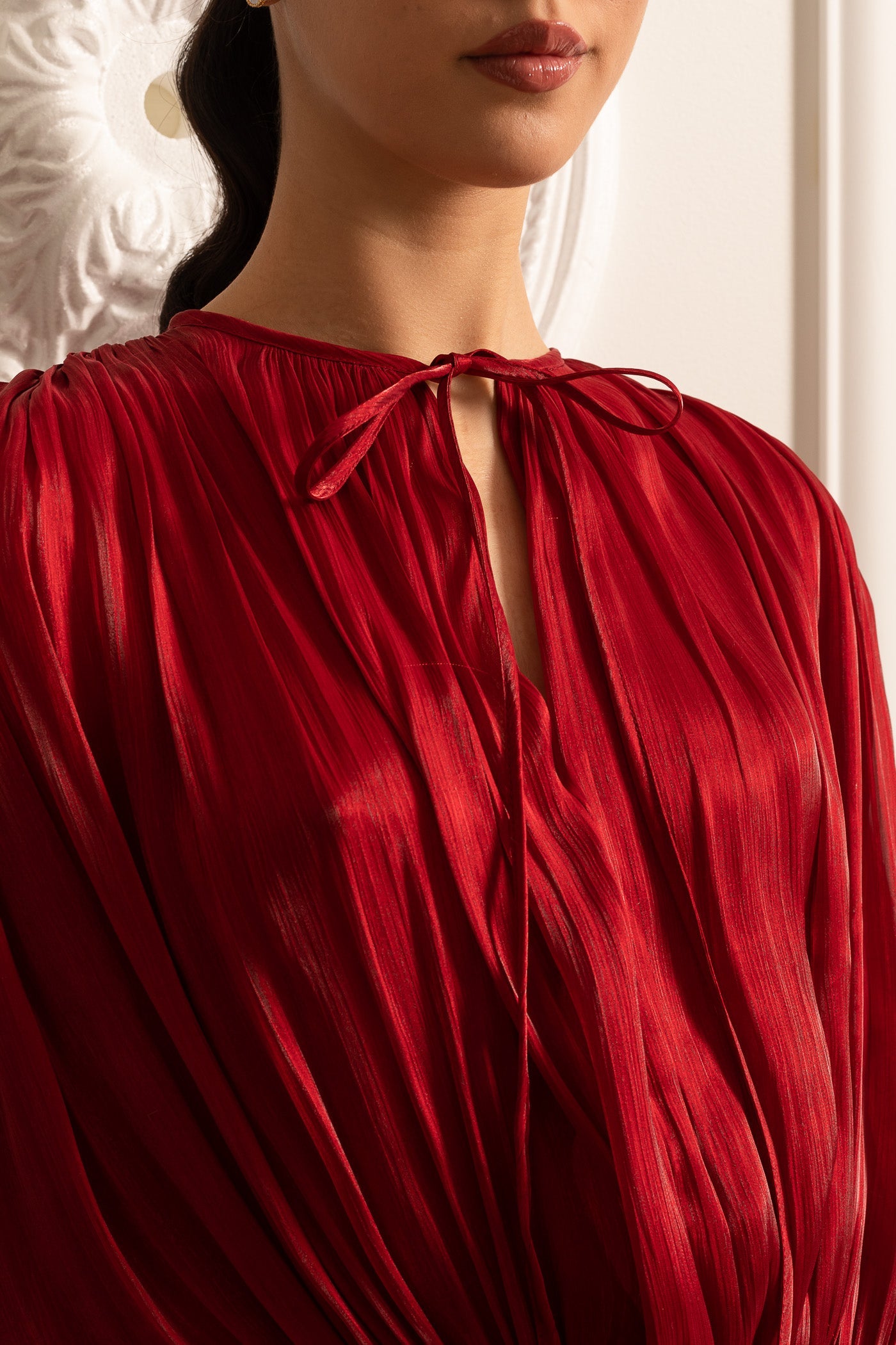 Vestido Drapado de Manga Longa com Saia Mini e Cintura Fruncida - Vermelho