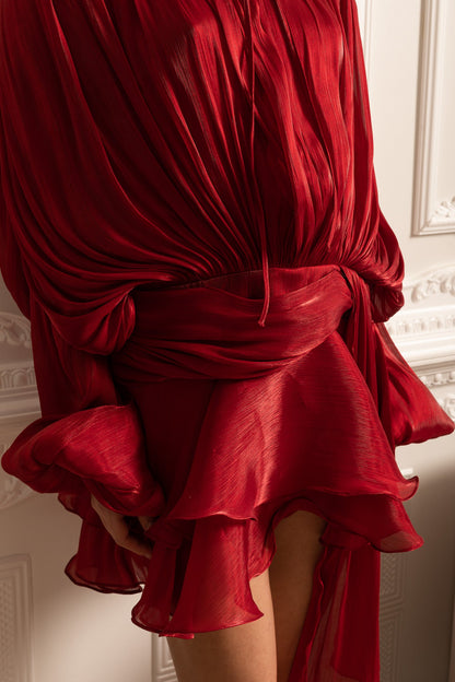 Vestido Drapado de Manga Longa com Saia Mini e Cintura Fruncida - Vermelho