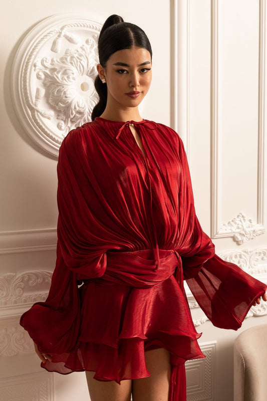 Vestido Drapado de Manga Longa com Saia Mini e Cintura Fruncida - Vermelho