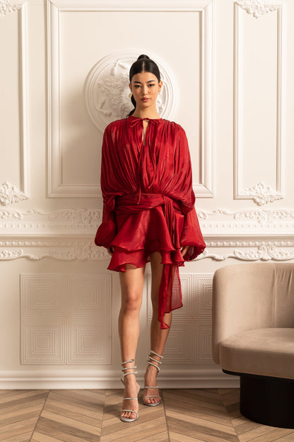 Vestido Drapado de Manga Longa com Saia Mini e Cintura Fruncida - Vermelho