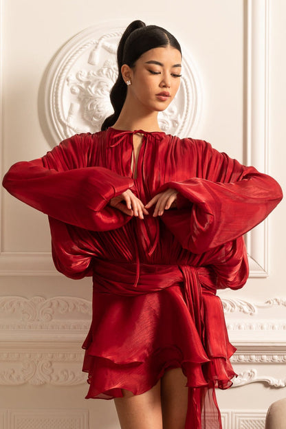 Vestido Drapado de Manga Longa com Saia Mini e Cintura Fruncida - Vermelho