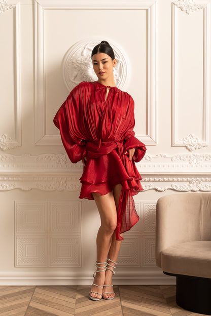 Vestido Drapado de Manga Longa com Saia Mini e Cintura Fruncida - Vermelho