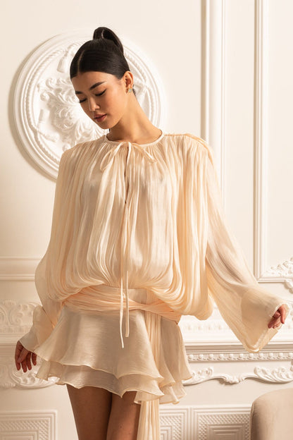 Vestido Drapado de Manga Longa com Mini Saia e Cintura Pregueada - Ivoire