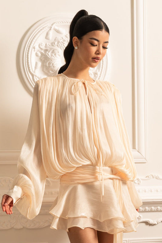 Vestido Drapado de Manga Longa com Mini Saia e Cintura Pregueada - Ivoire