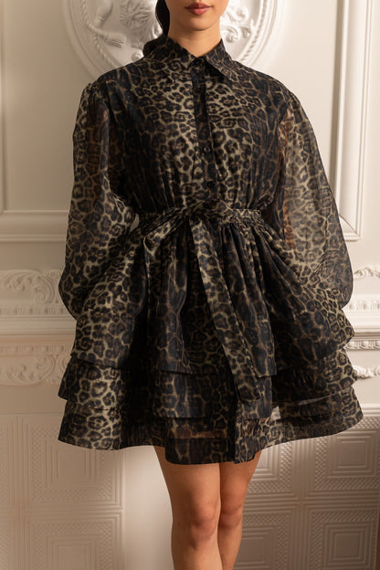 Vestido de Manga Longa com Padrão de Leopardo e Saia em Camadas - Preto