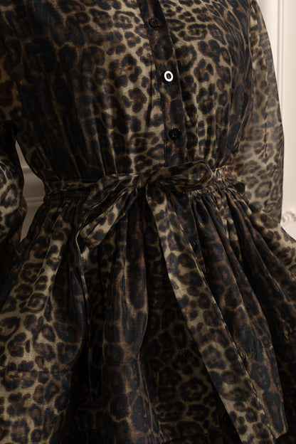 Vestido de Manga Longa com Padrão de Leopardo e Saia em Camadas - Preto